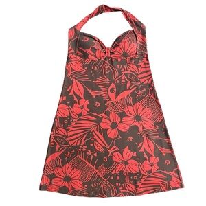 Tommy Bahama Women M Brown Coral Floral Tropical Hawaiian Halter Neck Midi Dress
